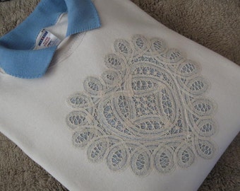 Battenburg Lace Embellished Cream Sweatshirt with Light Blue Collar - XLarge