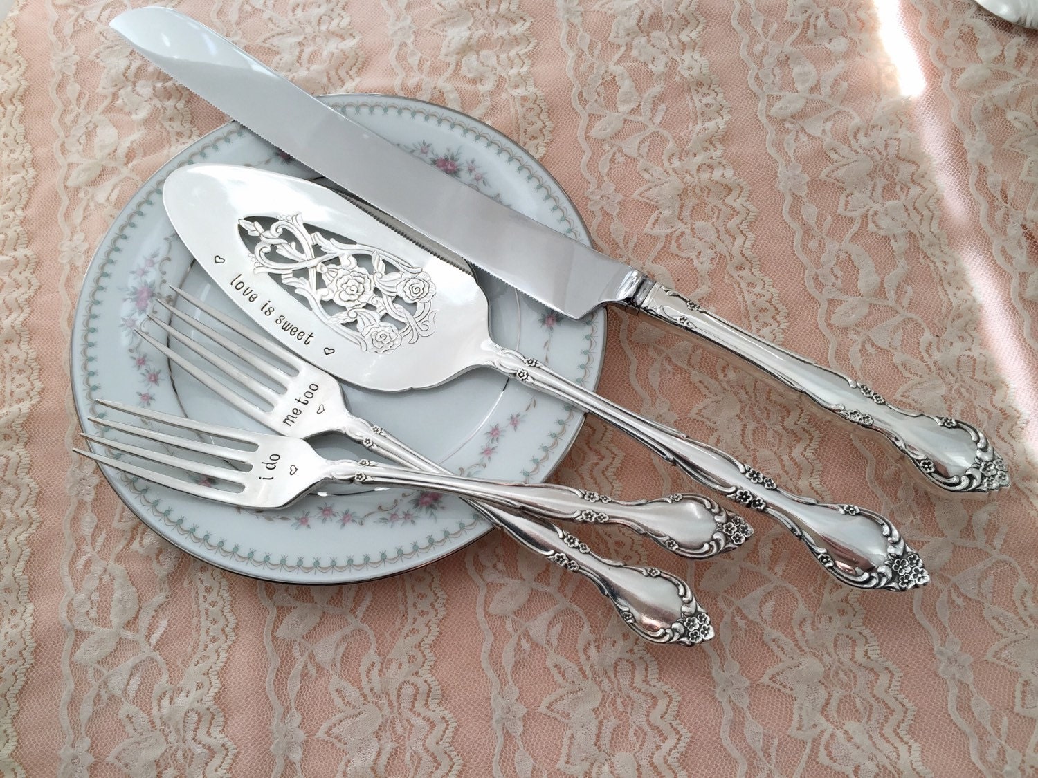 Hand stamped forks cake server and knife SET vintage wedding