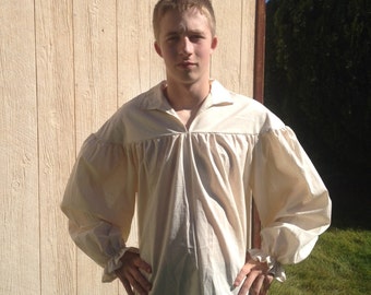 Mens Drop Yoke (XS, S, or M) White or Un-bleached Renaissance Primitive Pioneer Pirate Poet Theatre Shirt