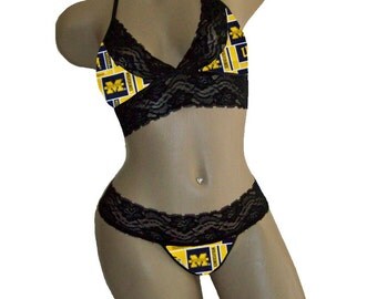 Sexy Michigan Wolverines NCAA Lingerie Black Lace Cami Bralette Style Tie-Top and Matching G-String Panty Thong CUSTOM Sizing