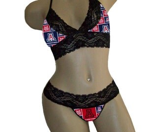Sexy Arizona Wildcats NCAA Lingerie Black Lace Cami Bralette Style Tie-Top and Matching G-String Panty Thong CUSTOM Sizing