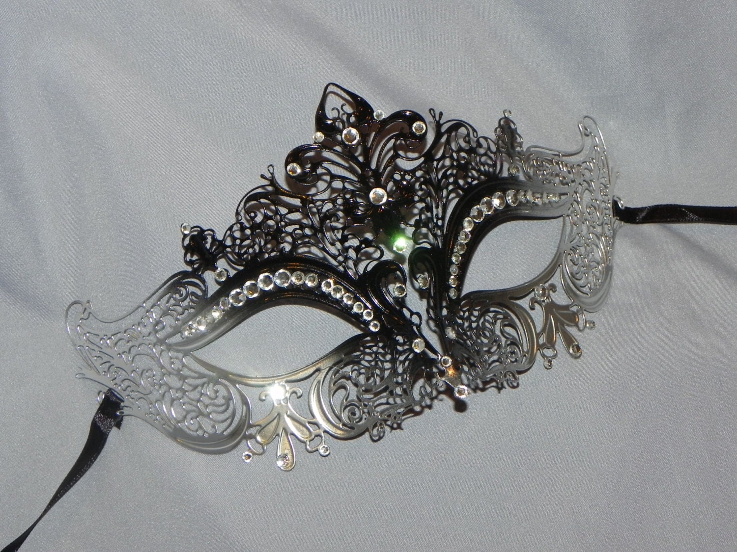 Black and Silver Rhinestone Metallic Masquerade Mask with Gem