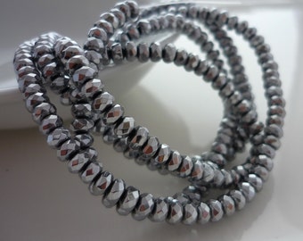 Pretty silver coated hematite faceted rondelle beads 4mm 1/2 strand