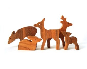 Wooden 5 Piece Deer Family Waldorf Wood Toy Woodland Forest Animals ...