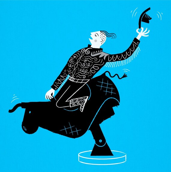 Mechanical Bull - childrens cowboy illustration - limited edition nursey wall art print