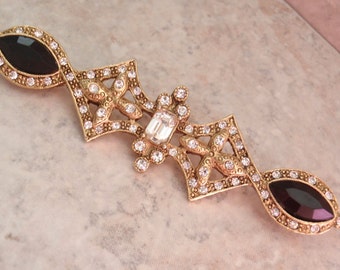 Large Bar Pin 1928 Gold Tone Rhinestone Ornate Vintage 082214RV