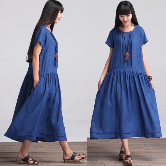 Loose Fitting Long Linen Maxi Dress Summer Dress in Blue