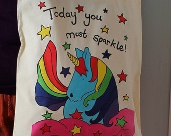 Unicorn bag colourful rainbow printed tote bag and matching badge!