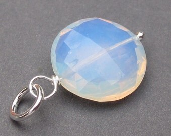 Large Sterling Silver Wire Wrapped Opalite Coin Disc Dangle Pendant Charm with Sterling Silver Jump Ring Stones 6