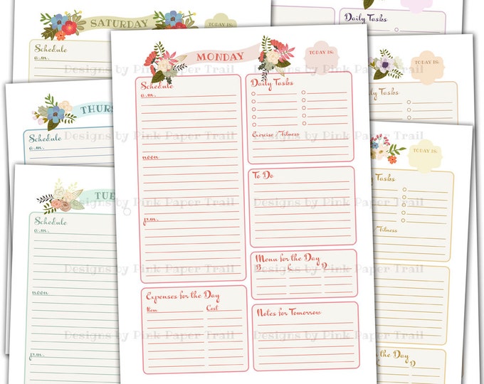 Shabby Chic Floral Daily Planner - A4 size - Back to Back Printable - Instant Download