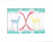 deer couple, wedding, baby, watercolor and pencil mixed media, painting, grass, boomerang, pink flowers, magic forest, deer, doe, fawn, buck