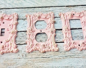 Blushing Pink Metal Wall Decor-Light Switch Cover-In White Shabby Chic-Single Switch Cover-Pink Roses-Ornate-Distressed-Roses