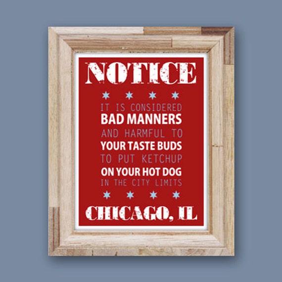 Items similar to Chicago Flag Print No Ketchup on Hot Dog Wall Art