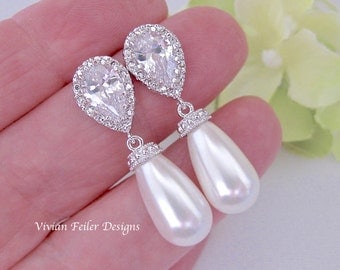 Pearl Earrings Bridal Earrings Wedding Jewelry Tear drop WHITE or IVORY PEARL Cubic Zirconia Bridesmaid Earrings Silver or Gold