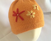 Hand Knit Girl's Hat Orange Knit Hat Girl's Flapper Hat Embroidered Knit Hat Hand Knit Hat Orange Girl's Hat Knitted Girls Hat