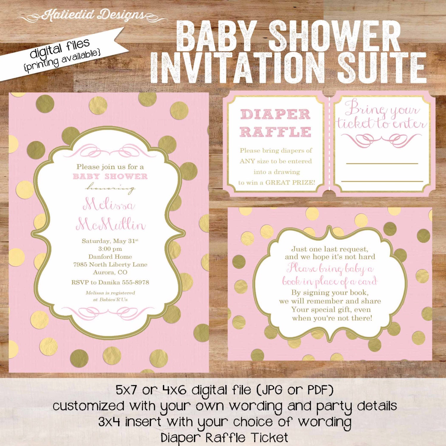 Baptism Invitation Girl Christening Baby Blessing Pink Gold Foil Polka Dots Catholic Mormon Lds Baby Blessing Invitation Templates
