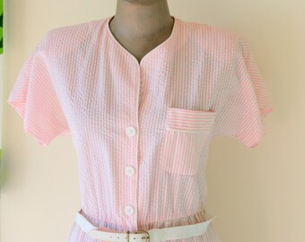 1980s CANDY STRIPES Dress.....size small to medium....candy. carnival. mod. striped. pink dress. knee length. pink. sundress. short sleeve