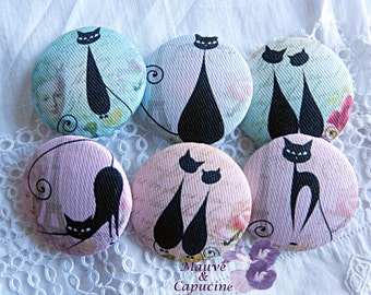 6 fabric buttons, amazing cats, 0.94 in / 24 mm