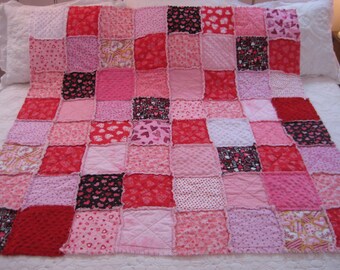 Valentine's Day Love Hearts pink black white red rag quilt with minky ...