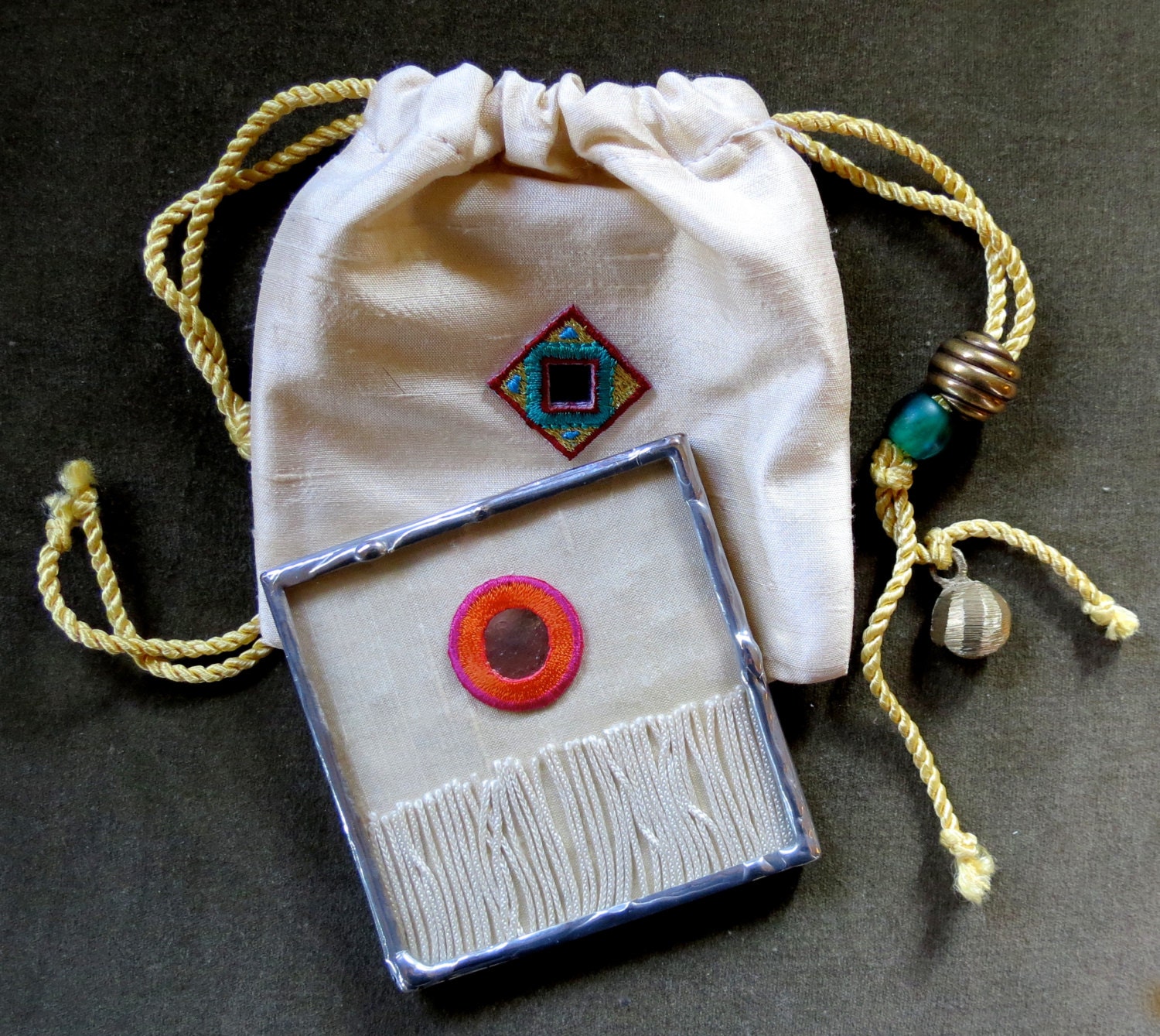 Indian Mirror Cloth Vanity Purse Mirror w/Fringe w/Matching