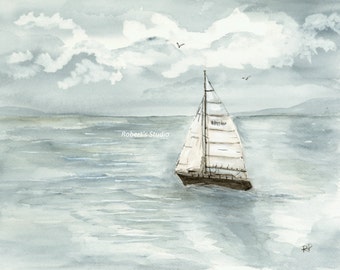 Calm Sailing, watercolor print, art print, seascape painting, sailboat art, summer watercolor, ocean painting, landscape, nautical, sailing
