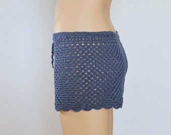 Blue/Gray Crocheted Shorts, Gray Lace Shorts, Handknit Summer Clothing
