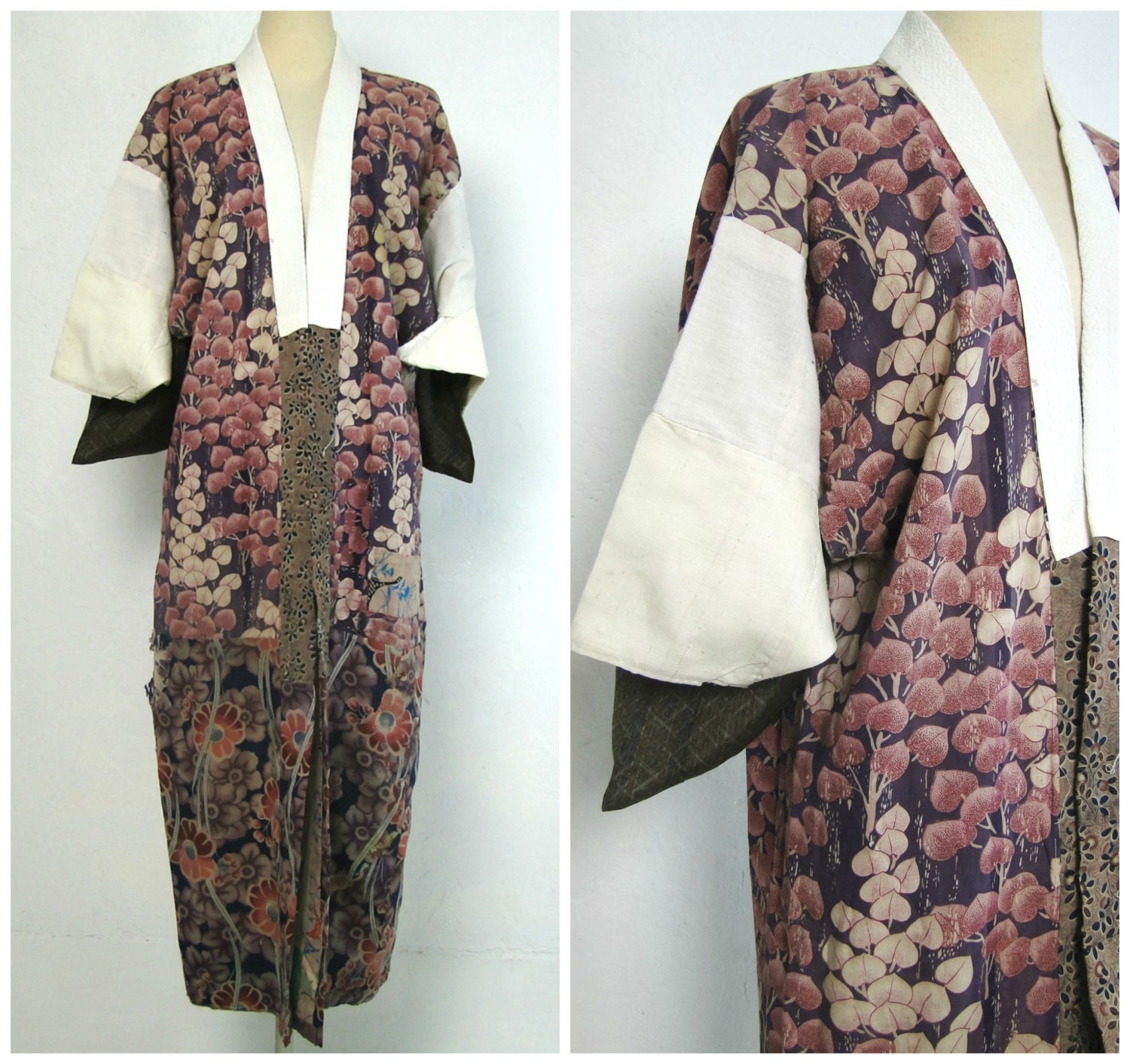 Peasant Juban Kimono Robe. Antique Japanese Boro. Hand Sewn