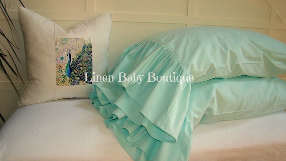 Pillow Case Mint Cotton.Ruffled Decorative Sham. Mint Green