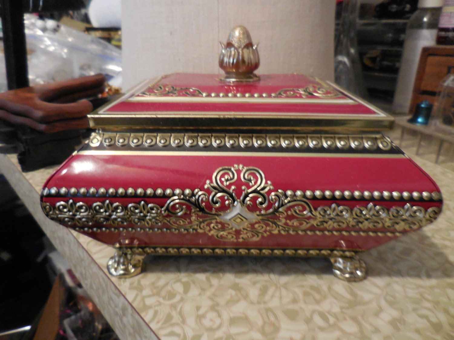 Vintage 1960s Gold/Red/Black/White Tin Box Storage Footed Lid