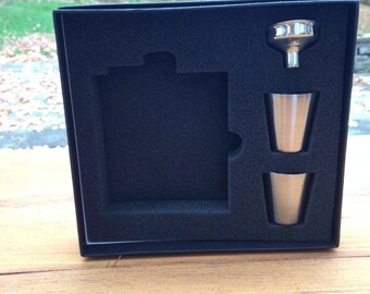 Flask gift box, with shot glasses, funnel and gift box. Groomsmen, Best Man gift box for flask. Includes gift box with 2 shot glasses RTS