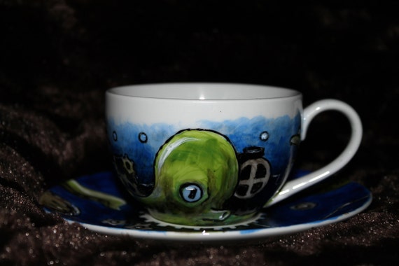 Steampunk octopus cup and saucer Tea / Coffee Hand Painted ceramic kustom goth alternative steampunk buy now online