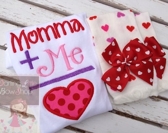 Baby Girl Valentines Day outfit with bodysuit and leg warmers for baby girls -- Momma's Girl in pink, purple and red