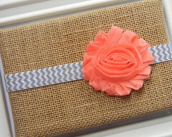 Coral Chiffon Headband, Baby Headband, Infant Headband, Chiffon Headband, Grey Chevron Headband