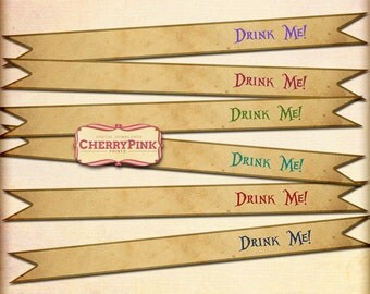 ALICE STRAW FLAGS, Digital collage sheet Sepia alice in wonderland drink me straw flags, digital wonderland decorations, great for weddings!