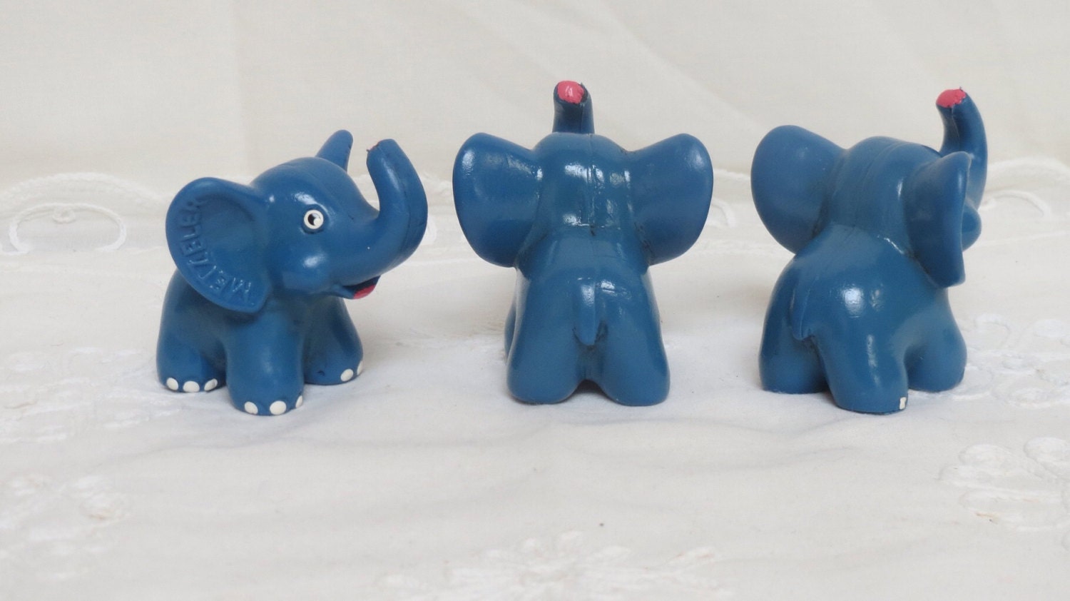 3 Small blue rubber Toy elephants made in Germany by Metzeler