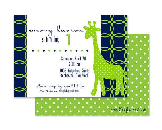 NAVY and LIME GIRAFFE Birthday Invitation, Digital or Professionally Printed Invitation Il_570xn