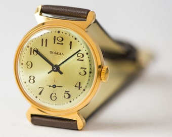 Unused Pobeda watch, gold plated men's watch, men watch modern Soviet, men's accesory watch gift, new premium leather strap