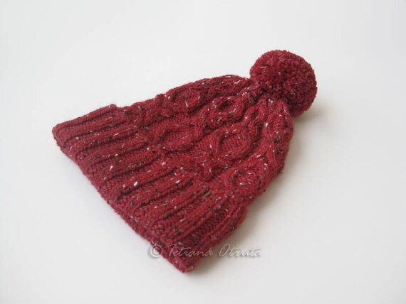 pom beanie your pom own design knit beanie red Hand hat tweed fold cable pom gift women over girl