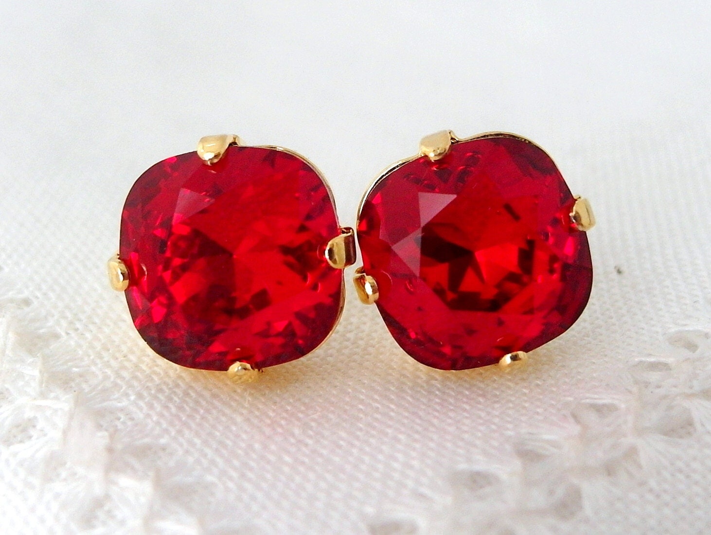 Red Swarovski crystal stud earrings Deep red ruby stud