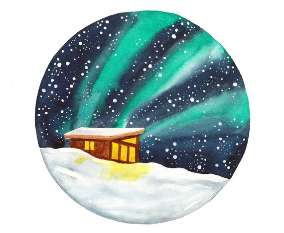 Original aquarell polarlichter winter haus hütte von bluepalette