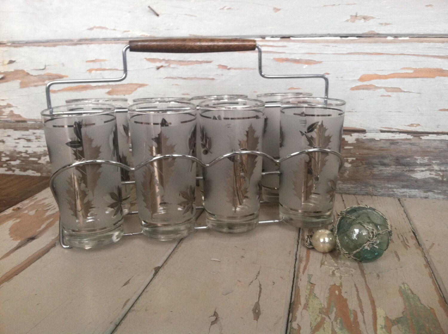 Mid century Frosted Silver Leaf Barware by Libbey in Carrying