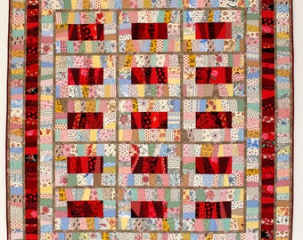 Retro TwinBed Wall Quilt, Reds & Pastel Novelty Prints, 60" x 66.5"