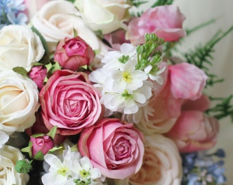 Sabine - Bridal bouquet, picked from the cottage garden. Garden roses, stock, tulips, lilac, sweet peas & bridal fern.