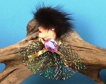 Vintage Woman Brooch with Brown Furry Winter Hat