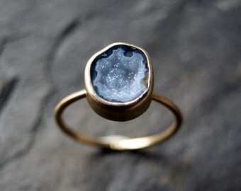 Blue Geode Druzy Ring in Solid 14K Yellow Gold - Size 7 - 7.5
