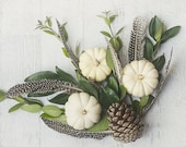 Fall Still Life Photography, Brown, Green and White Wall Art, Pumpkin Photograph, Feather Picture, Thanksgiving Wall Decor, Autumn Photo
