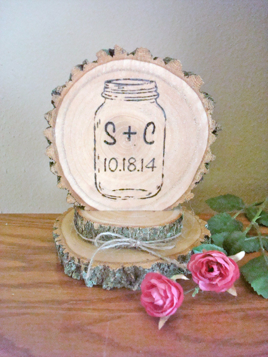 Rustic Wedding Cake Topper Mason Jar Personalized Wood Burned Country