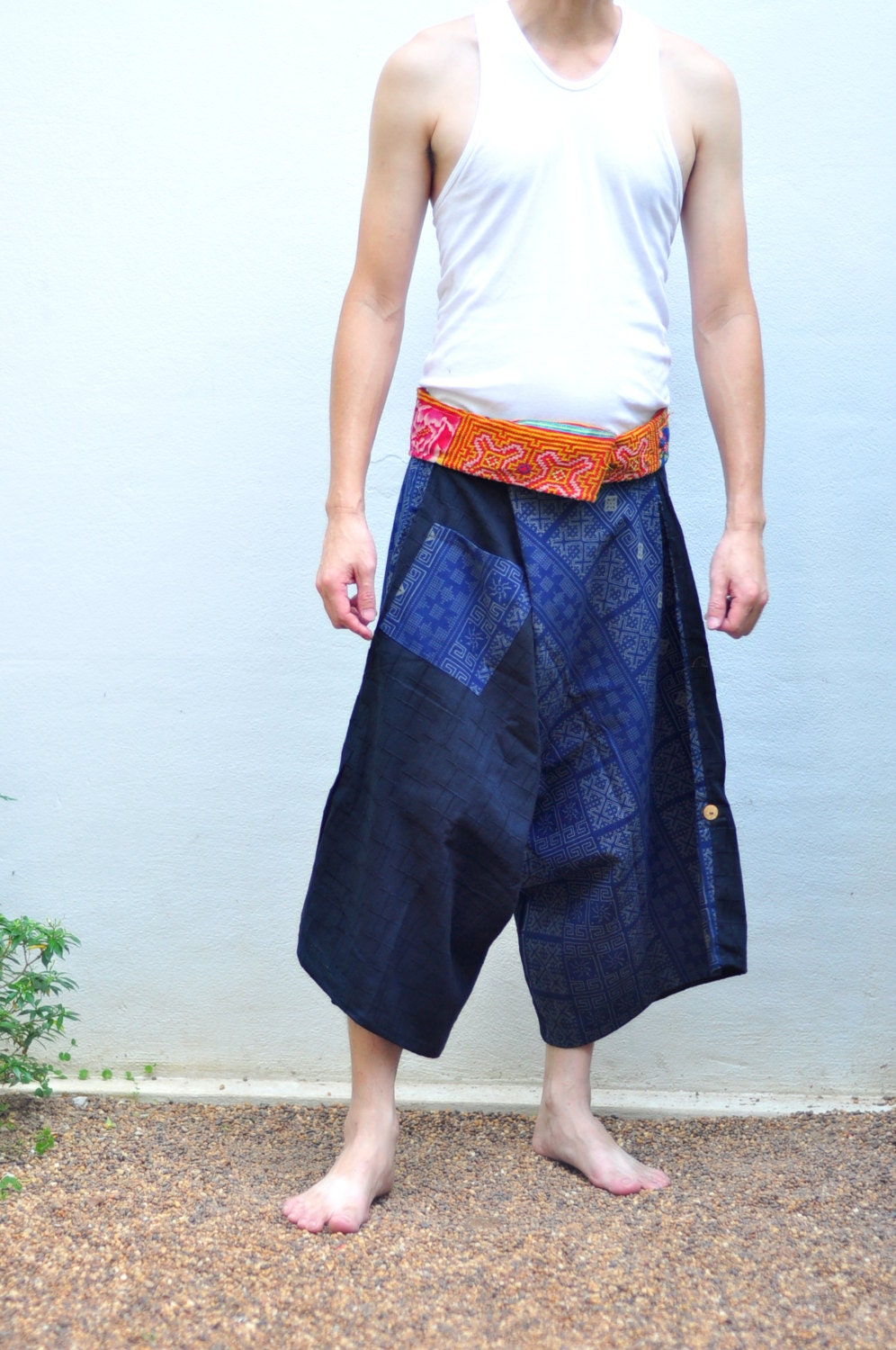 Mens Thai pants Thai fishermen pant black and blue by SiamTrendy