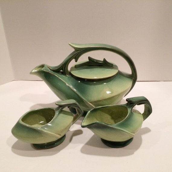 Items Similar To Vintage McCoy Green Leaf Tea Pot Creamer And Sugar ...