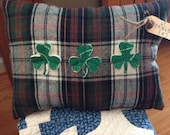 Happy St. Patrick's Day~ Pillow~ vintage quilt~ shamrocks~Primitive~ plaid wool~green~ Irish~ Prim